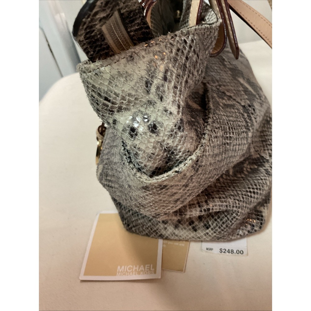 Michael Kors Python Tote Jet Set Tan Leather Shoulder Handbag MK Charm Logo - Picture 11 of 16
